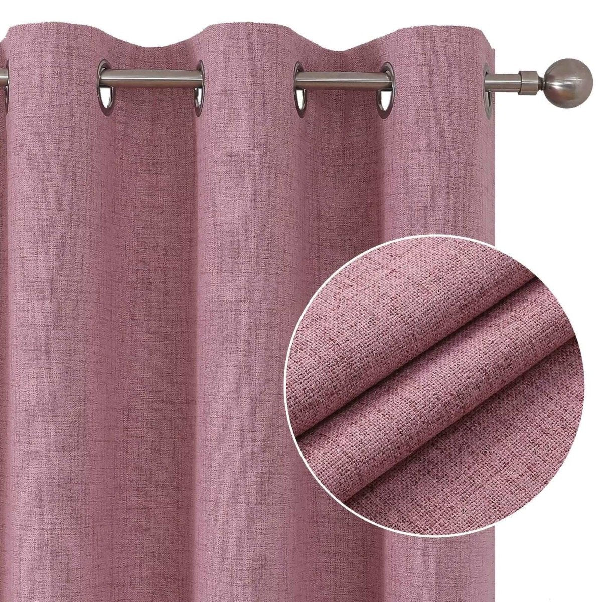 Joydeco pink textured linen blackout curtain with grommet top on a metal rod, close-up showing fabric weave.