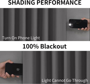 Joydeco dark gray blackout curtains demonstrate 100% light blocking with a phone flashlight test.