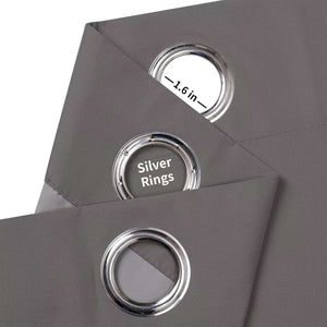 Dark gray Joydeco blackout curtains with silver grommets, 1.6 inch diameter, Silver Rings label.
