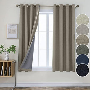 Joydeco 100% Blackout Linen Curtains Thermal Insulated Burlap Curtain & Drapes 2 Panels