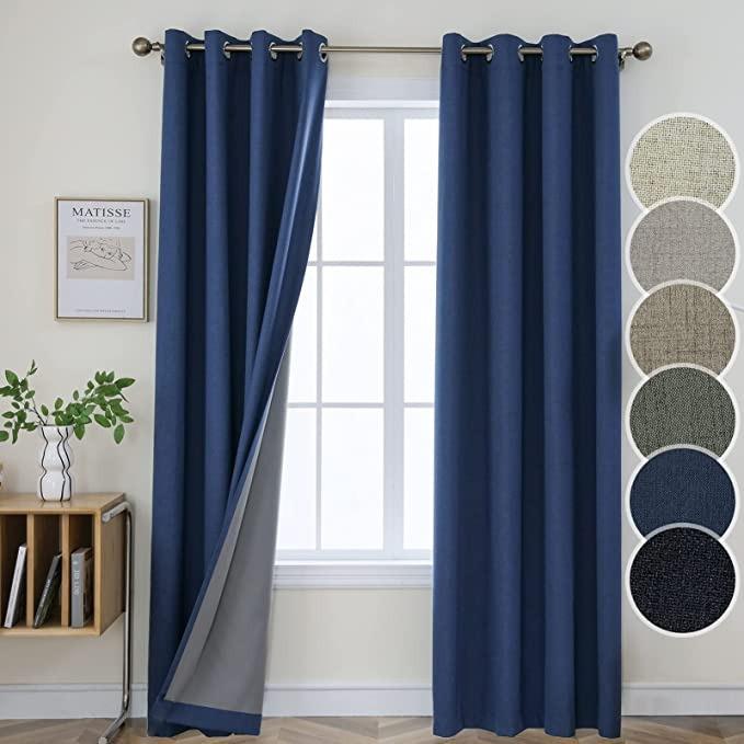 Joydeco 100% Blackout Linen Curtains Thermal Insulated Burlap Curtain & Drapes 2 Panels