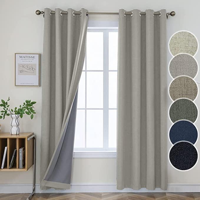 Joydeco 100% Blackout Linen Curtains Thermal Insulated Burlap Curtain & Drapes 2 Panels