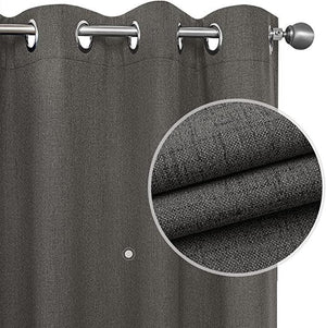 Close-up of charcoal gray 100% blackout linen curtain, thermal insulated, with grommets and textured weave.