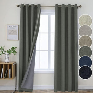 Dark green textured linen blackout curtains with grommets and thermal lining, shown with color swatches.