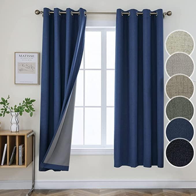 Joydeco 100% Blackout Linen Curtains Thermal Insulated Burlap Curtain & Drapes 2 Panels