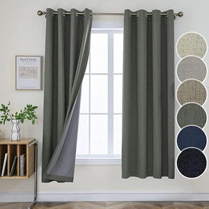 Charcoal gray linen blackout curtains with thermal lining and grommets, color swatches shown.