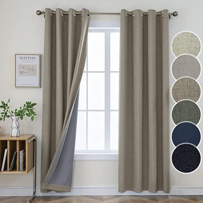 Joydeco 100% Blackout Linen Curtains Thermal Insulated Burlap Curtain & Drapes 2 Panels