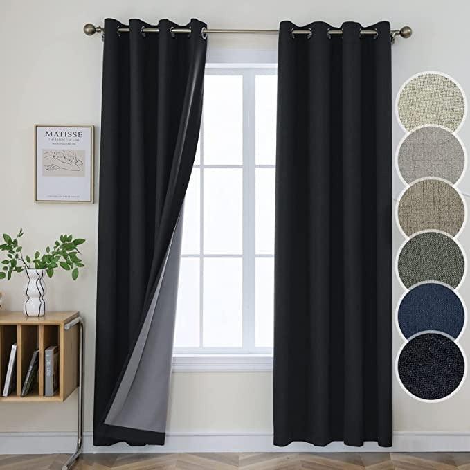 Joydeco 100% Blackout Linen Curtains Thermal Insulated Burlap Curtain & Drapes 2 Panels