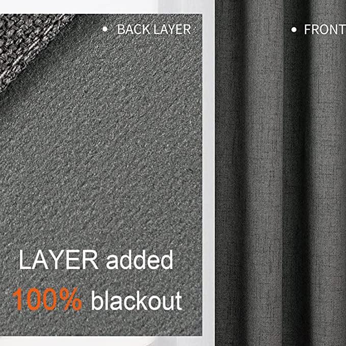 Charcoal gray linen blackout curtain construction: dense thermal lining (left) and textured front fabric (right).