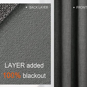 Charcoal gray linen blackout curtain construction: dense thermal lining (left) and textured front fabric (right).