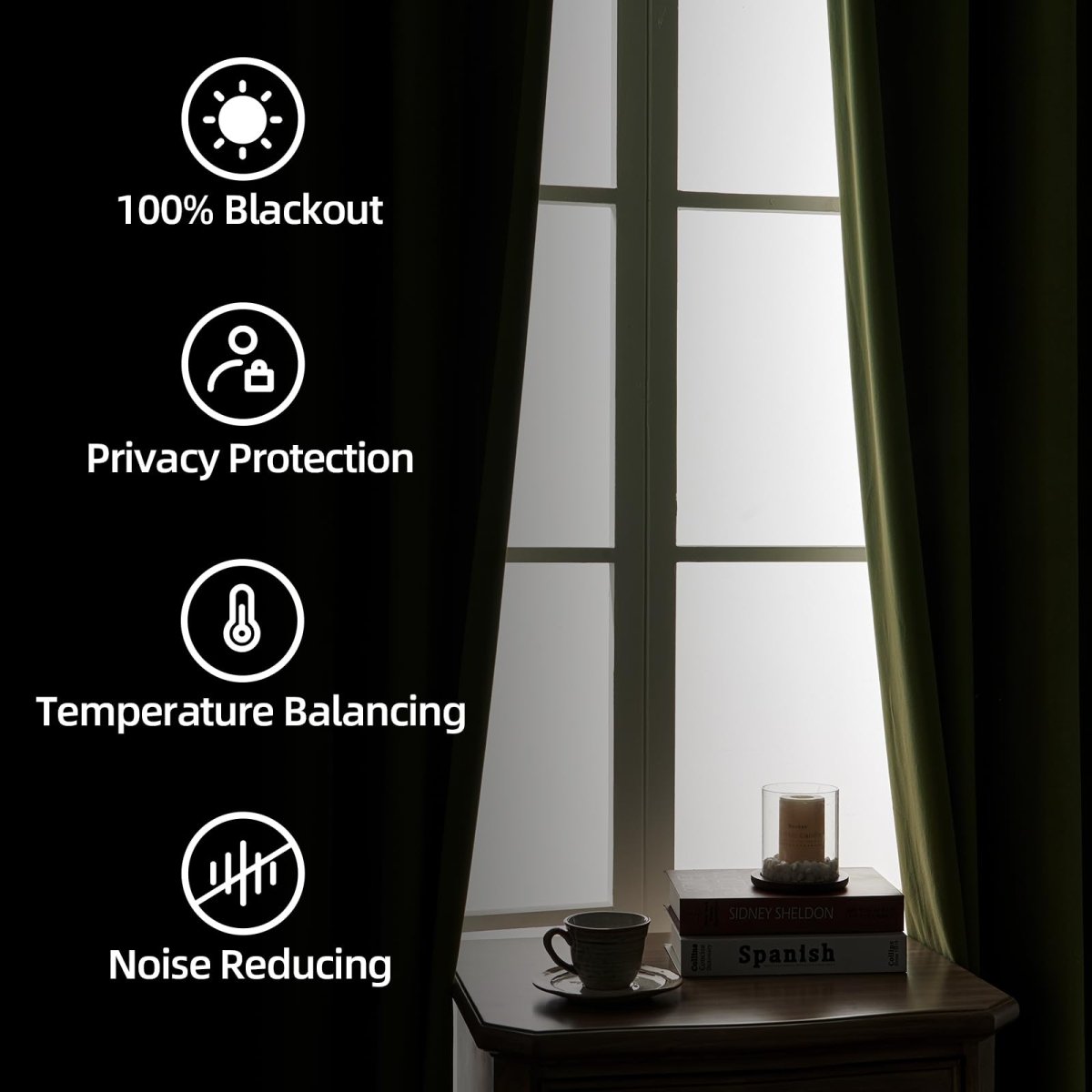 Joydeco olive green velvet curtains: 100% blackout, privacy, thermal, noise reducing. Window & decor.