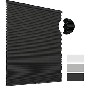 Joydeco black cordless blackout cellular shade, honeycomb detail, available in white, gray, black. Window blinds.