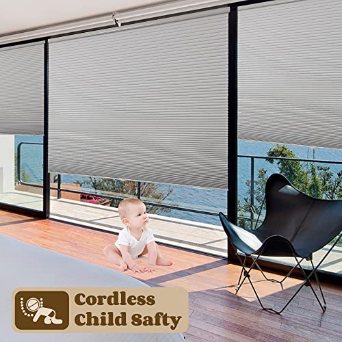 Joydeco gray cordless cellular blinds, baby safe, honeycomb window shades.