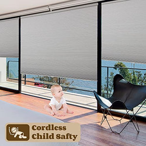 Joydeco gray cordless cellular blinds, baby safe, honeycomb window shades.