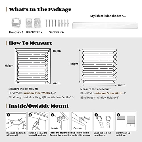Joydeco cordless cellular shades package contents and installation guide. Includes measurement and mounting steps.