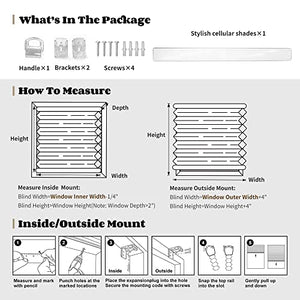 Joydeco cordless cellular shades package contents and installation guide. Includes measurement and mounting steps.