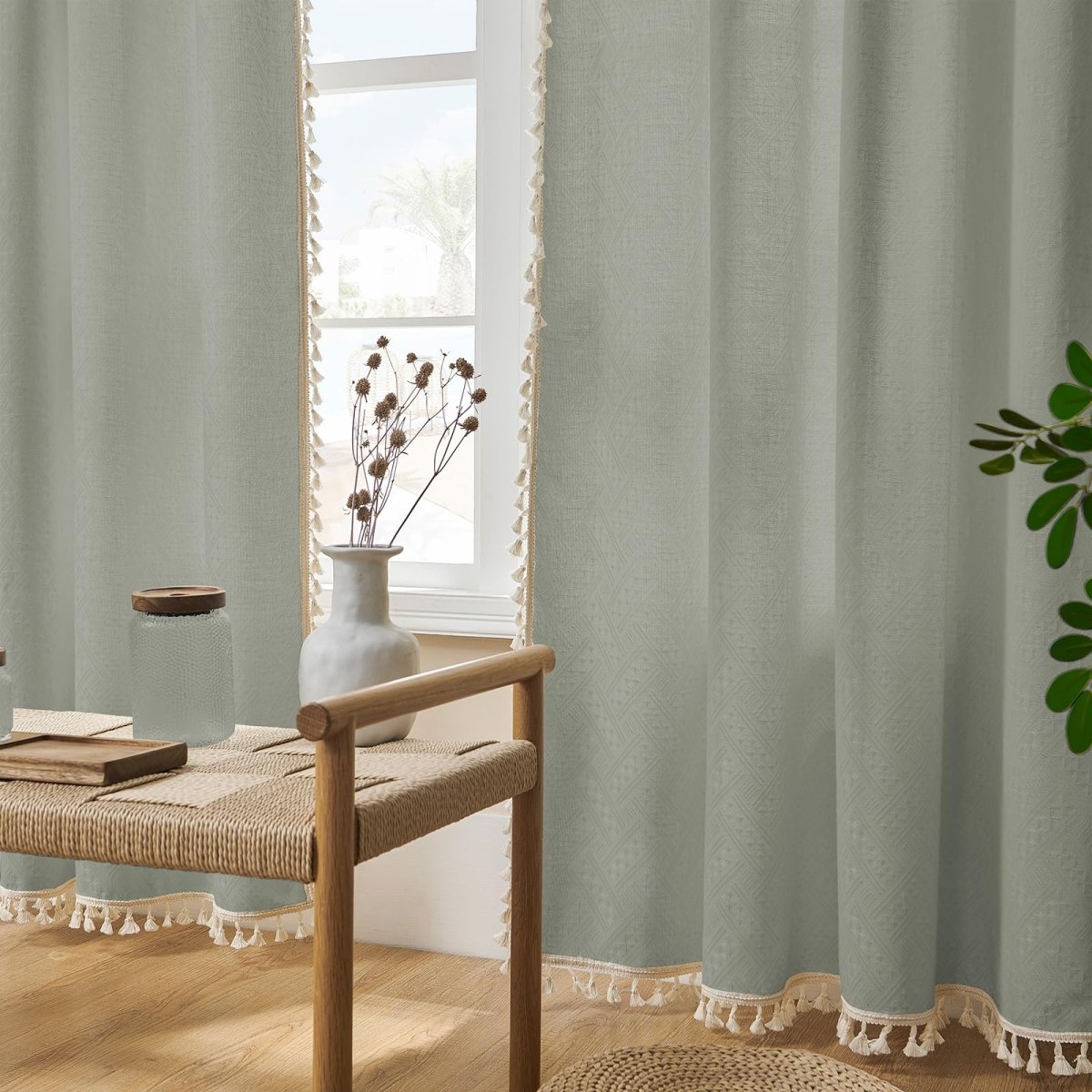 Joydeco Boho Grayish Linen Sheer Curtains - 2 Panel, Light Filtering, Farmhouse Style, Country Rustic Charm