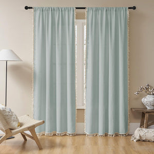Joydeco ice blue linen boho curtains with cream tassels, light filtering farmhouse style, 2 panels shown on rod.