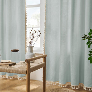 Joydeco Boho Ice Blue Linen Sheer Curtains - 2 Panel, Light Filtering, Farmhouse Style, Country Rustic Charm