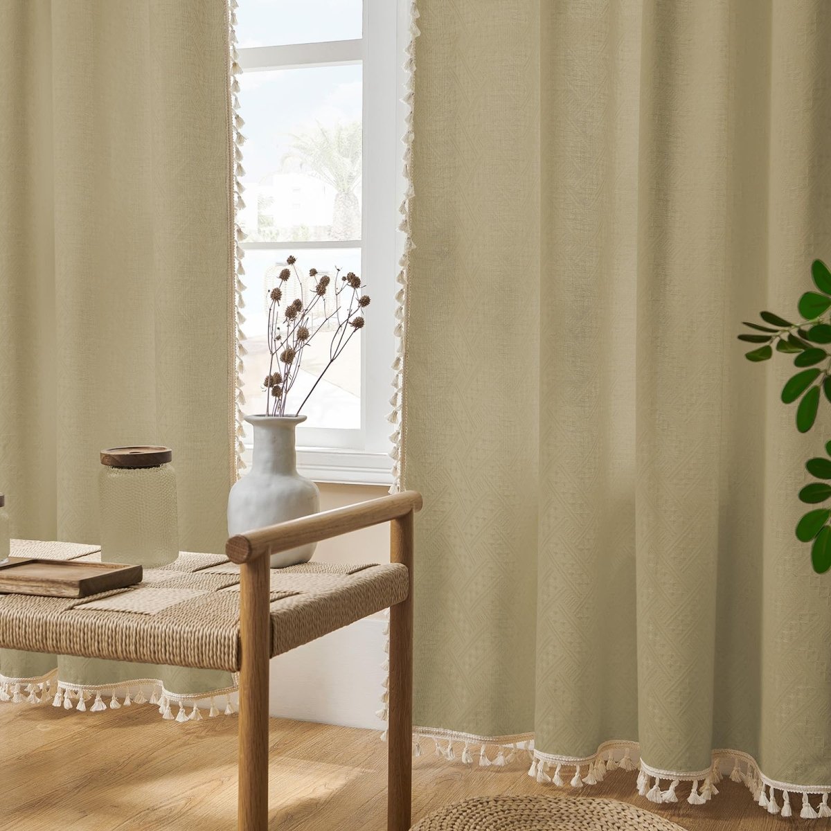 Khaki linen sheer curtains with cream tassels, light filtering, boho farmhouse style, shown in a room setting.