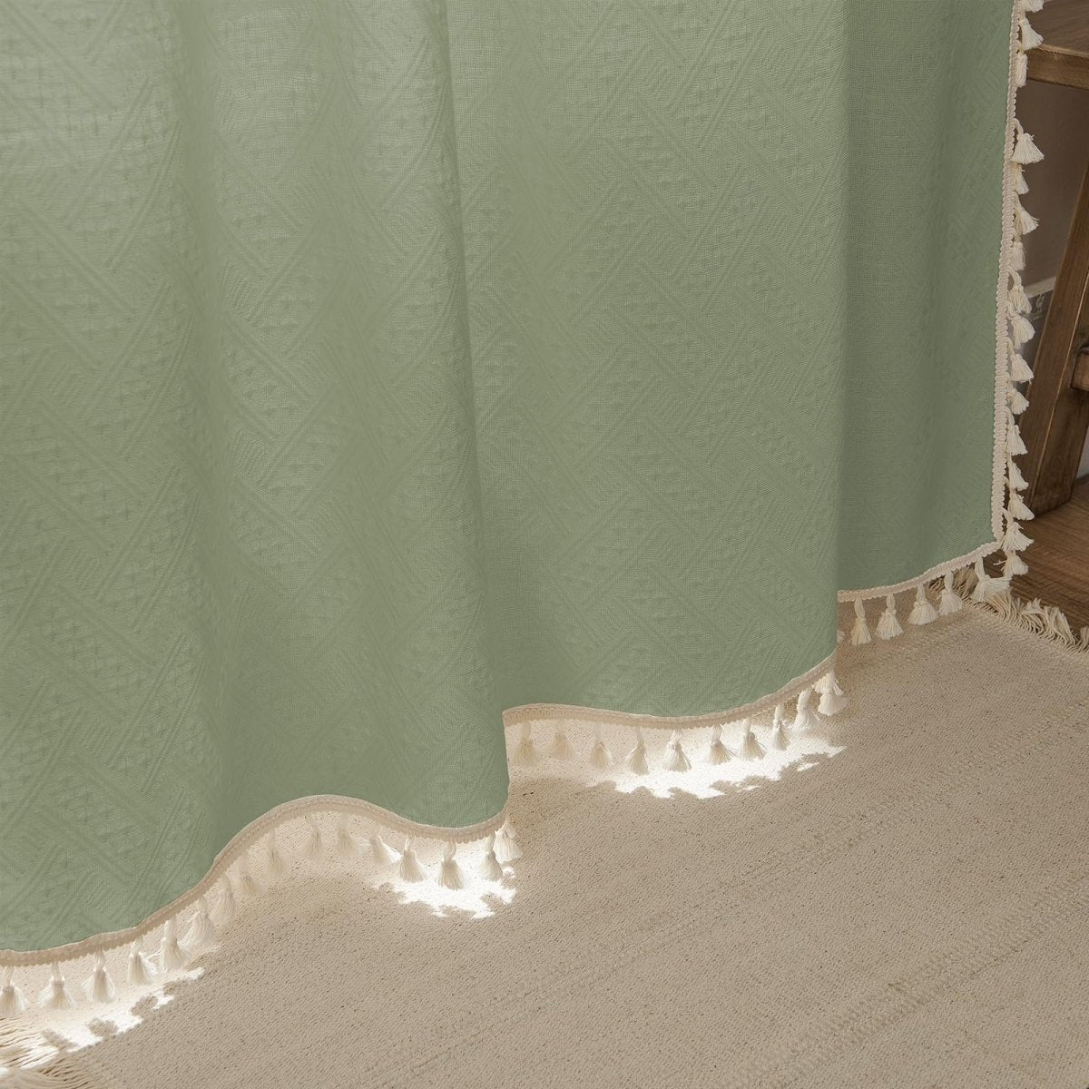 Joydeco Boho Sage Green Linen Sheer Curtains - 2 Panel, Light Filtering, Farmhouse Style, Country Rustic Charm