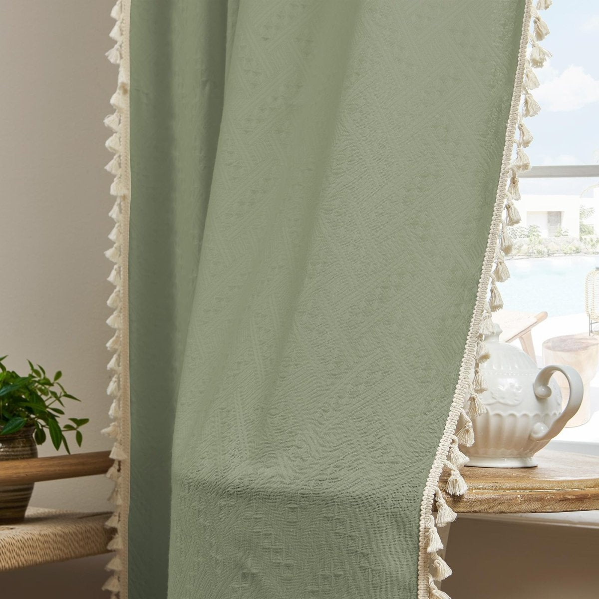 Joydeco Boho Sage Green Linen Sheer Curtains - 2 Panel, Light Filtering, Farmhouse Style, Country Rustic Charm