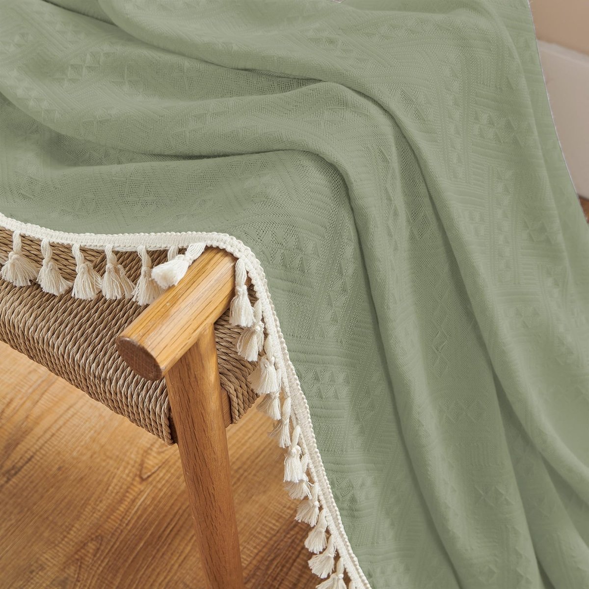 Joydeco Boho Sage Green Linen Sheer Curtains - 2 Panel, Light Filtering, Farmhouse Style, Country Rustic Charm