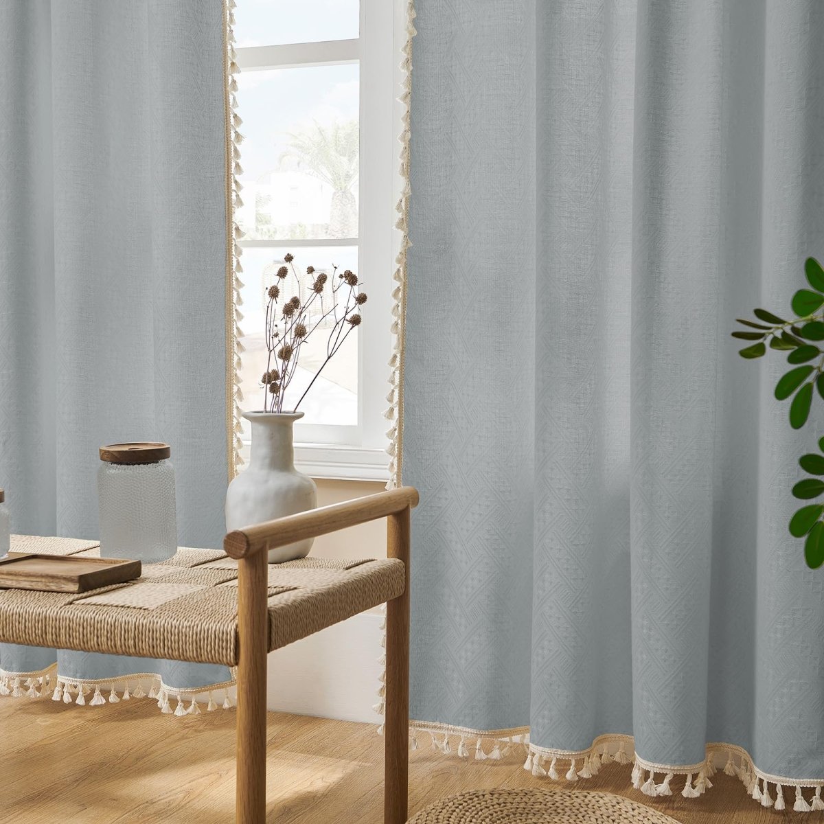 Joydeco Boho Stone Blue Linen Sheer Curtains - 2 Panels, Light Filtering, Farmhouse Style, Country Rustic Charm