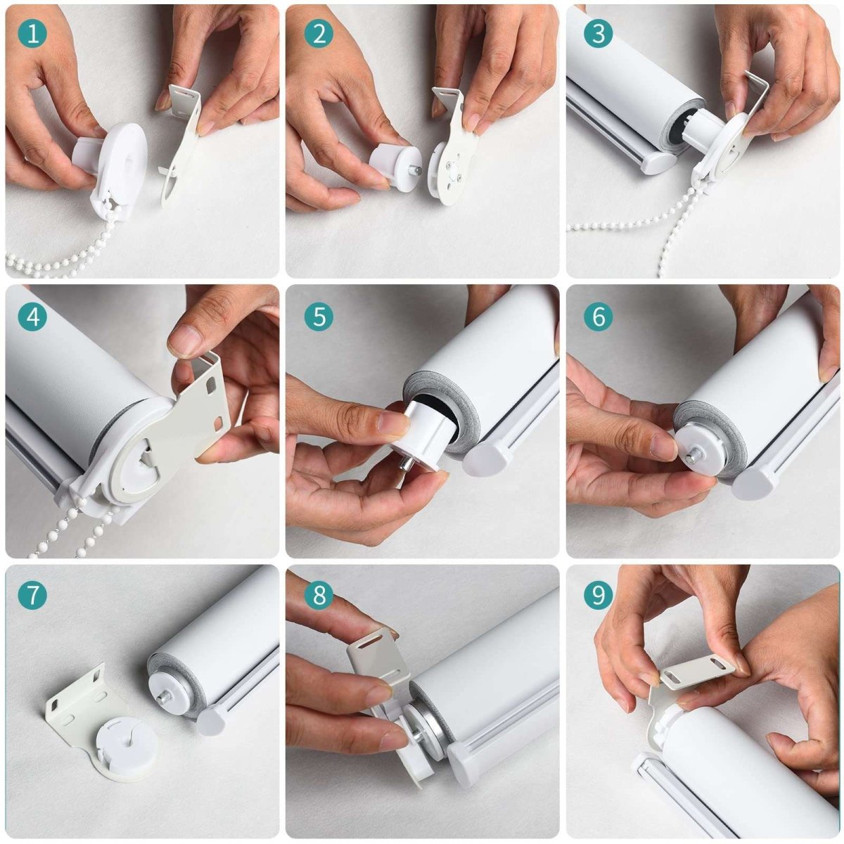 Step-by-step assembly guide for Joydeco beige blackout roller shade, showing hands attaching brackets to the mechanism.
