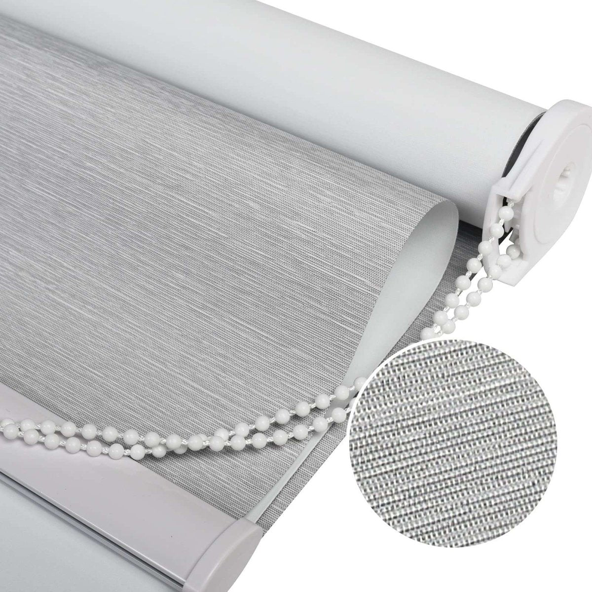 Close-up of Joydeco light grey roller shade with 100% blackout Striped Jacquard fabric texture and white beaded chain.