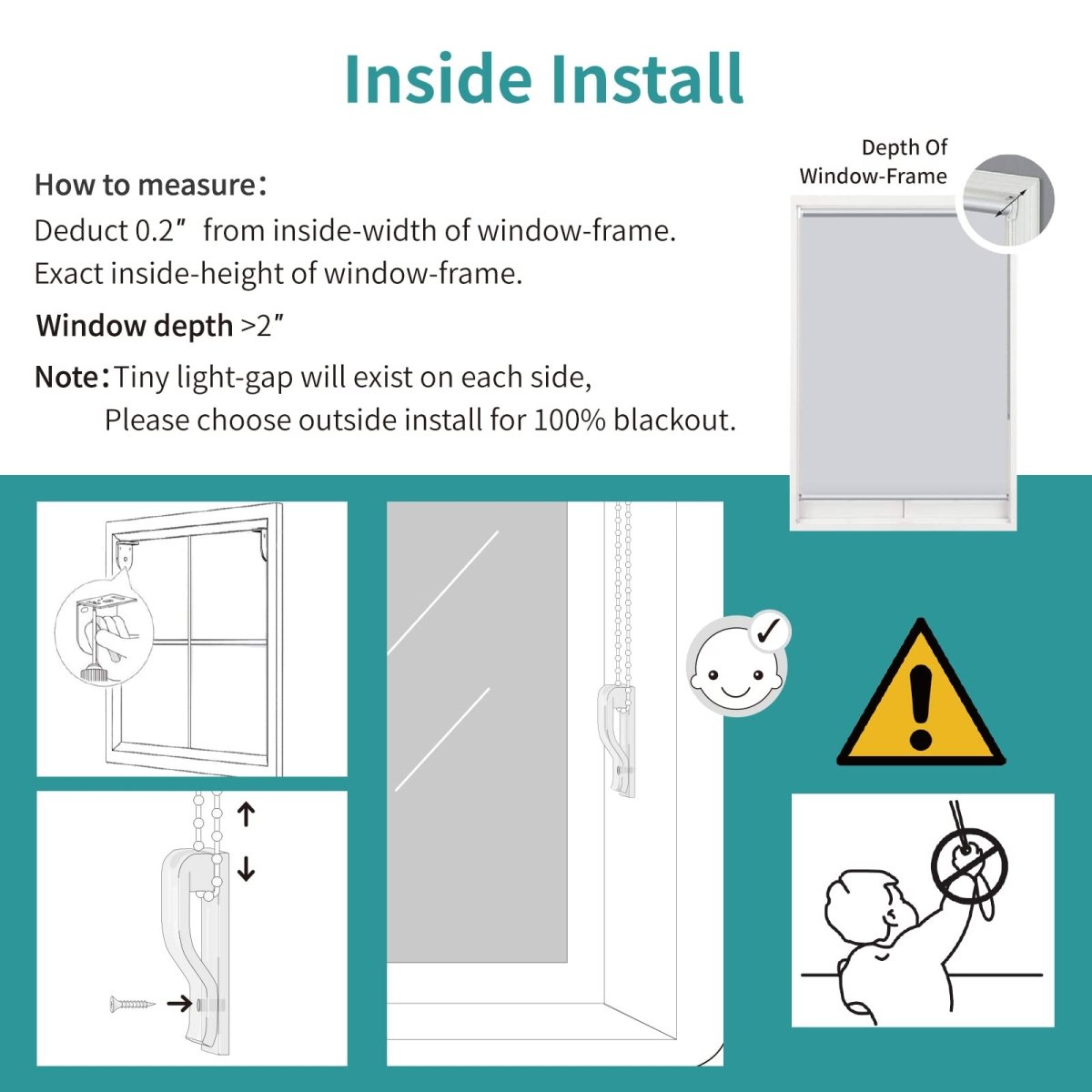 Joydeco grey roller shade inside install diagram: measuring, light gap, chain safety, child safety.
