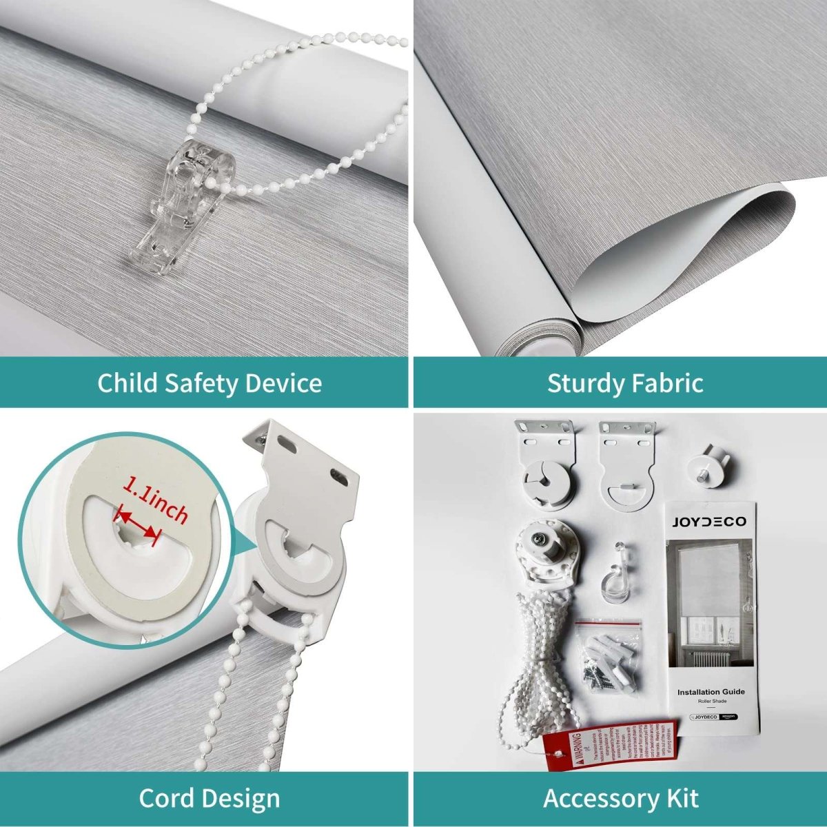 Joydeco light grey blackout roller shade components: child safety device, jacquard fabric, beaded chain, and accessory kit.