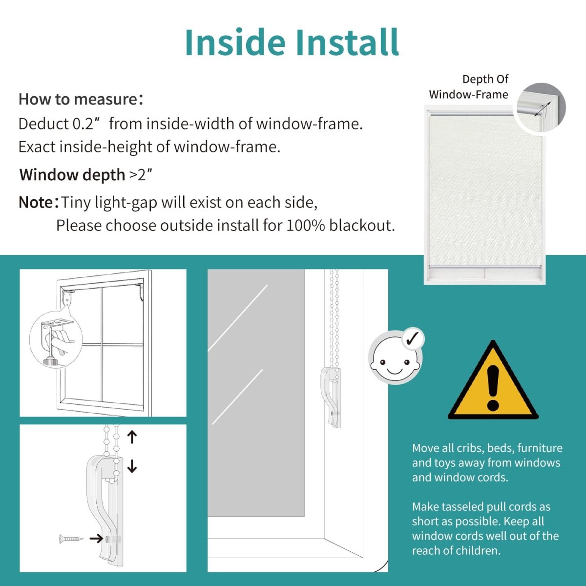 Diagram showing inside mount roller shade installation, measurement guide, and child safety warnings for cords.