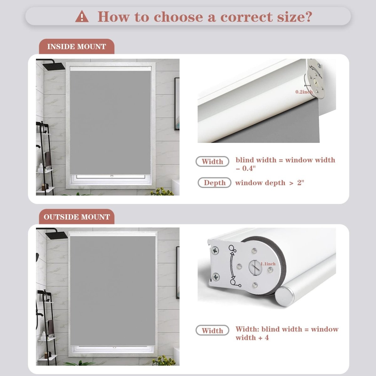 Joydeco light gray cordless blackout roller shade: inside vs. outside mount guide with width & depth measurements.