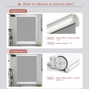 Joydeco light gray cordless blackout roller shade: inside vs. outside mount guide with width & depth measurements.
