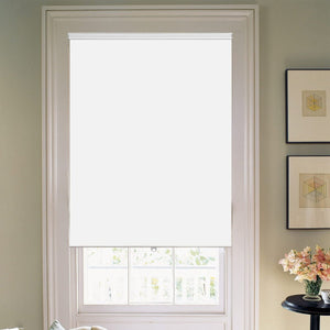 White Joydeco blackout roller shade with aluminum rod in window. Outdoor greenery visible.