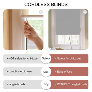 Compare corded vs. cordless blackout roller shades: cordless offers child safety, ease of use, no tangled cords.