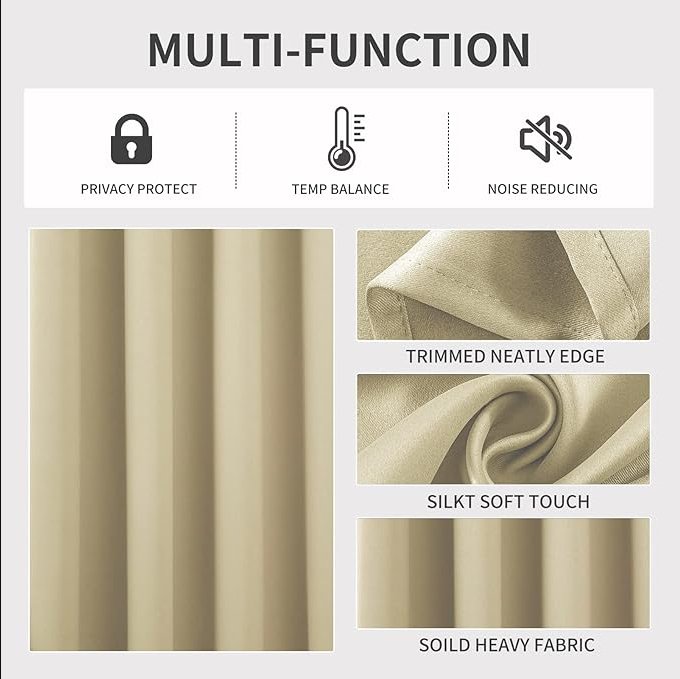 Joydeco beige multi-function blackout curtains: privacy, temp balance, noise reduction, neat edge, soft touch, heavy fabric.