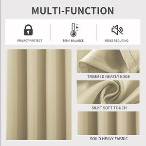 Joydeco beige multi-function blackout curtains: privacy, temp balance, noise reduction, neat edge, soft touch, heavy fabric.
