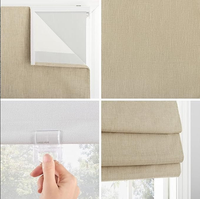 Joydeco textured beige blackout Roman shade, cordless lift mechanism and fabric details.
