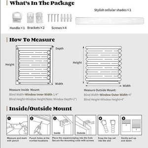 Joydeco cellular shades: package contents, inside/outside mount measurement guide, and 5-step installation diagram.