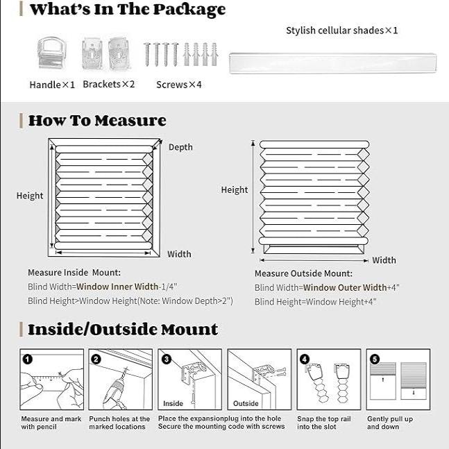 Joydeco cellular shades: package contents, inside/outside mount measurement guide, and 5-step installation diagram.