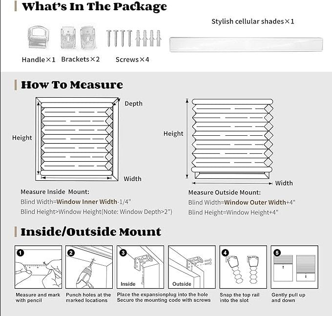Joydeco cellular shades installation guide: package contents, how to measure for inside/outside mounts, and mounting steps.