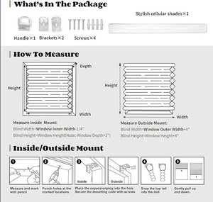 Joydeco cellular shades installation guide: package contents, how to measure for inside/outside mounts, and mounting steps.