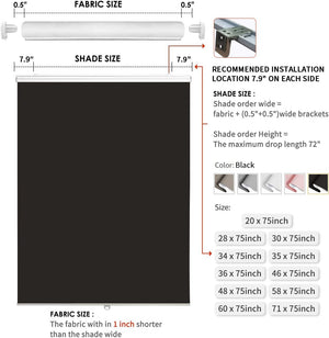 Joydeco blackout roller shade sizing diagram: fabric size vs shade size, installation measurements, available colors & sizes.