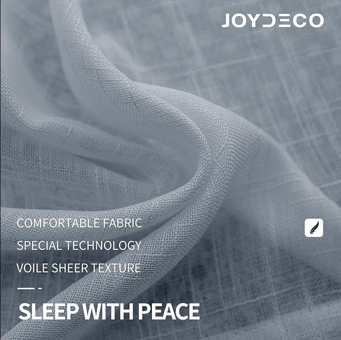 Light blue Joydeco sheer curtain fabric, linen-like texture, voile sheer.