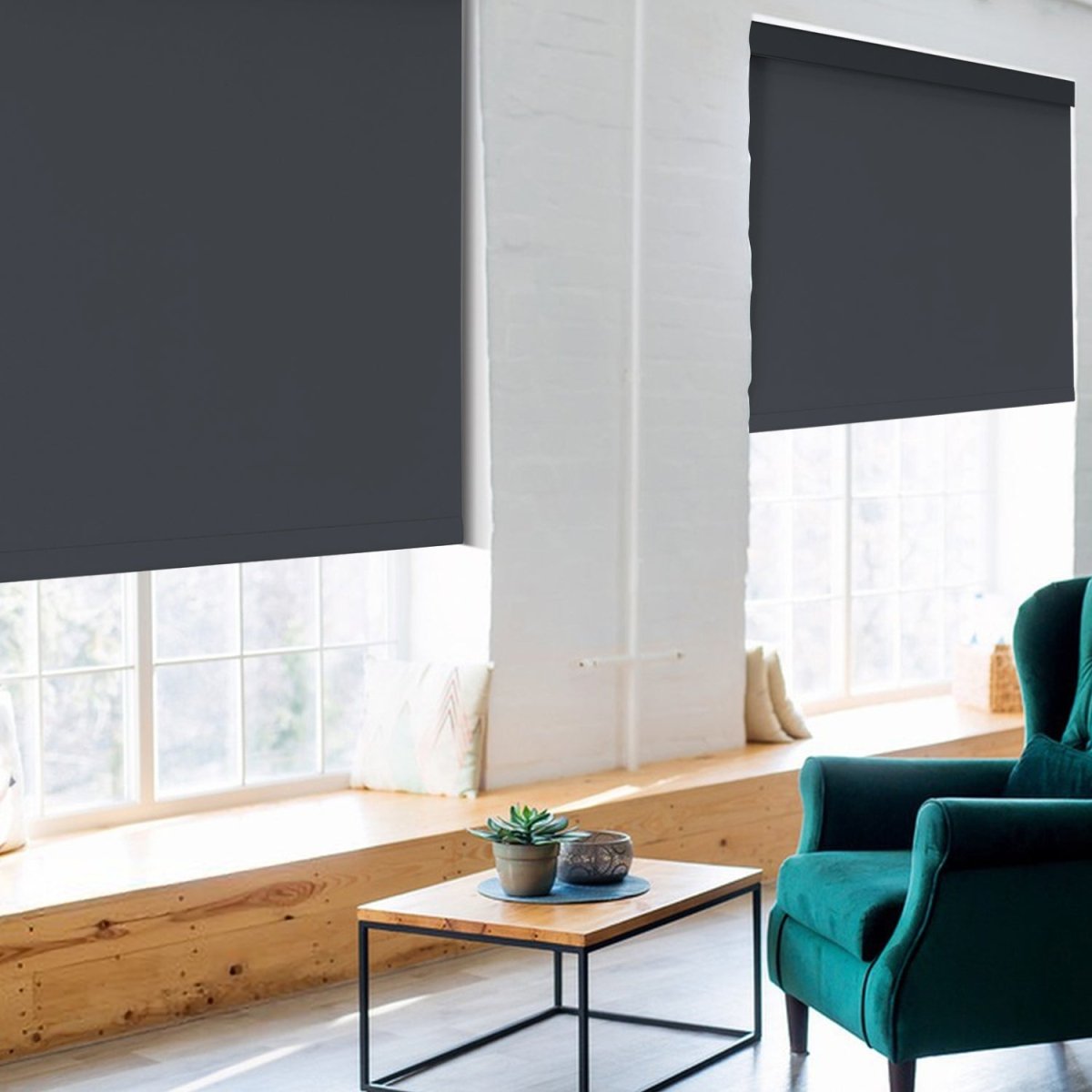 Joydeco custom dark gray striped jacquard cordless blackout roller shades with aluminum rod in modern living room.