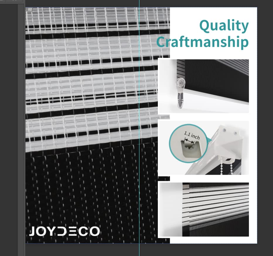Joydeco modern dual shade with black and white zebra stripes, showing cordless operation handle and 1.1-inch bracket detail.