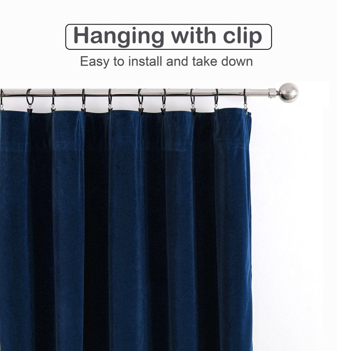 Deep navy velvet curtain hanging on silver rod with clips, showing easy installation method.