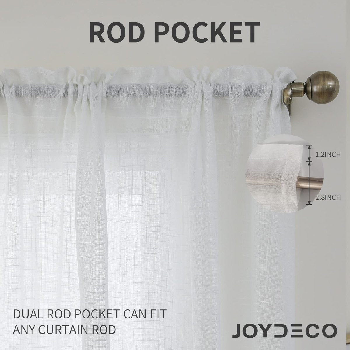 Joydeco white sheer curtains close-up showing dual rod pocket feature with 1.2" and 2.8" dimensions for universal fit.